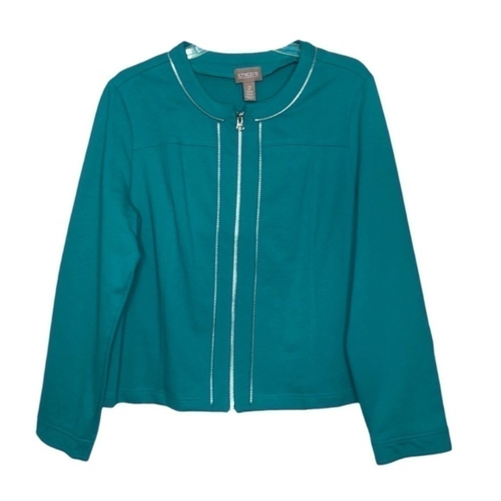 Chico’s 2 - Teal Cotton Blend Knit Zip Front Jacket w Silver Zipper Trim Size 12